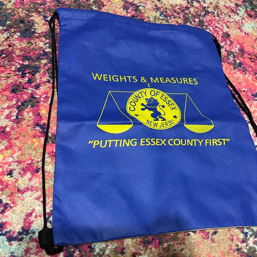 County of Essex NJ Blue Drawstring Bag - Weights & Measures with handles